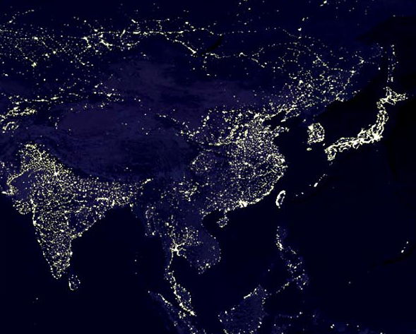 Азия, Индия, Китай, Япония ночью.